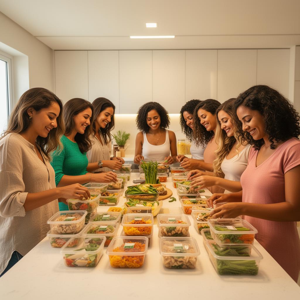 Mulheres empreendedoras preparando marmitas congeladas